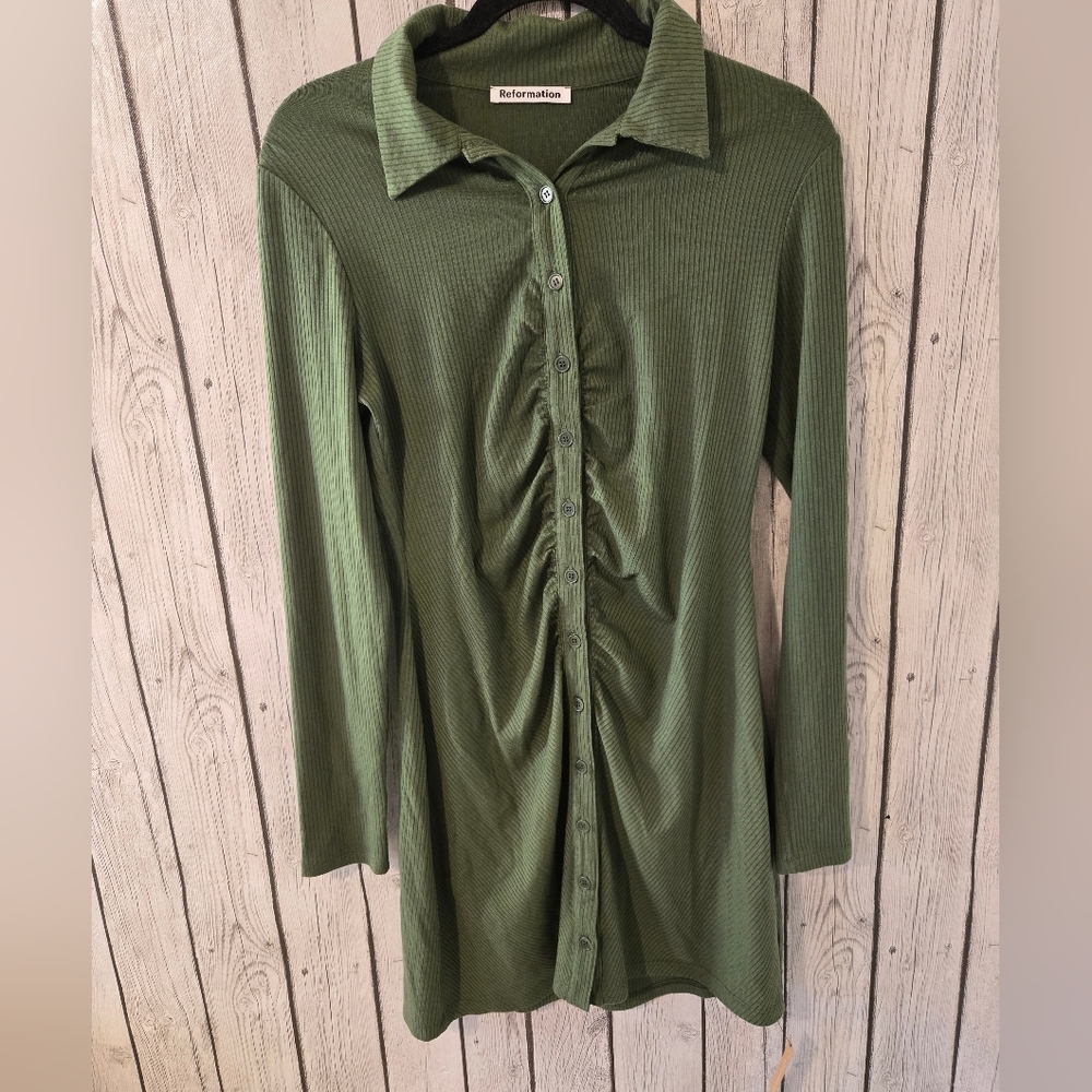 Reformation Amy Knit Dress Green Ribbed Button Front Mini Dress Size L NWT - Picture 5 of 7